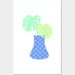 Monstera Deliciosa leaves in checkerboard vase Posters and Art